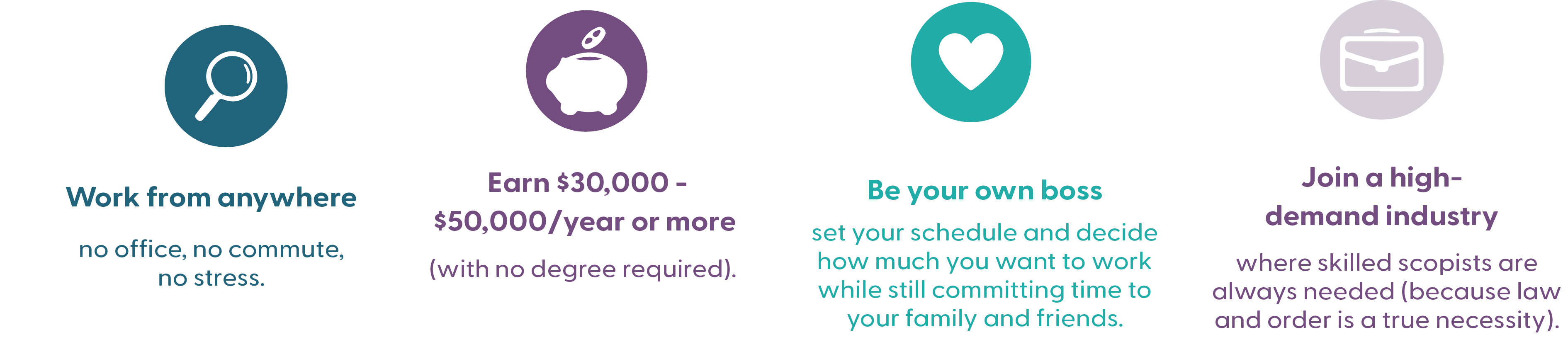 reasons why ScopeSchool Four icons with text describing benefits of a career: work from anywhere, earn $30K–$50K/year, be your own boss, and join a high-demand industry for scopists.