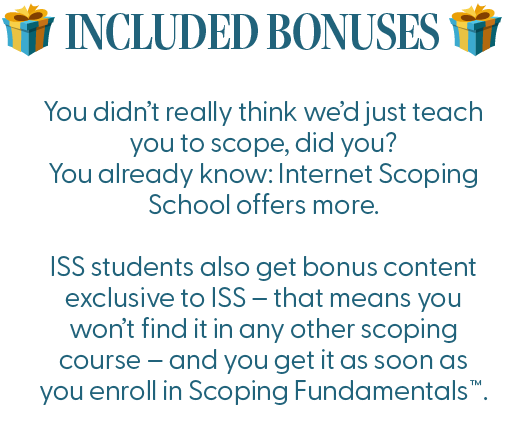 Asset 101 ScopeSchool Text graphic with the heading "Included Bonuses" and a description stating that Internet Scoping School offers extra content exclusive to its students upon enrollment.