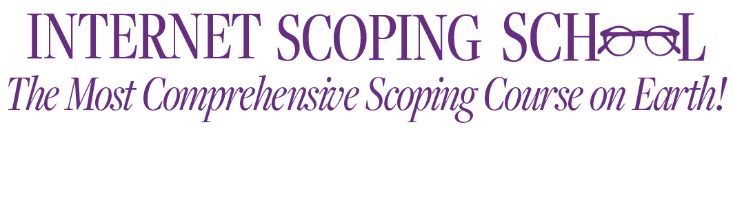 ISS ScopeSchool Purple text reads "INTERNET SCOPING SCHOOL" with "O" replaced by eyeglasses, and below, "The Most Comprehensive Scoping Course on Earth!" in italicized font.