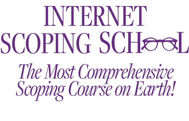 Asset 111 ScopeSchool Logo for Internet Scoping School with stylized eyeglasses in the word "SCHOOL" and the tagline "The Most Comprehensive Scoping Course on Earth!" in purple text.