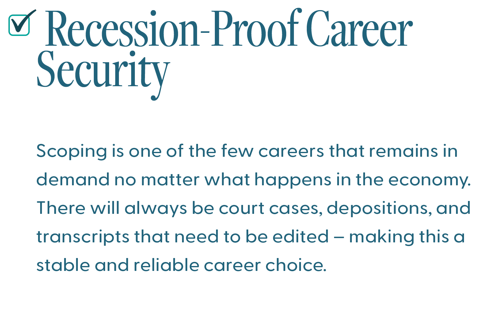 Security ScopeSchool Text graphic with a checkmark and the headline "Recession-Proof Career Security," followed by text explaining that scoping is a stable, reliable career always in demand.