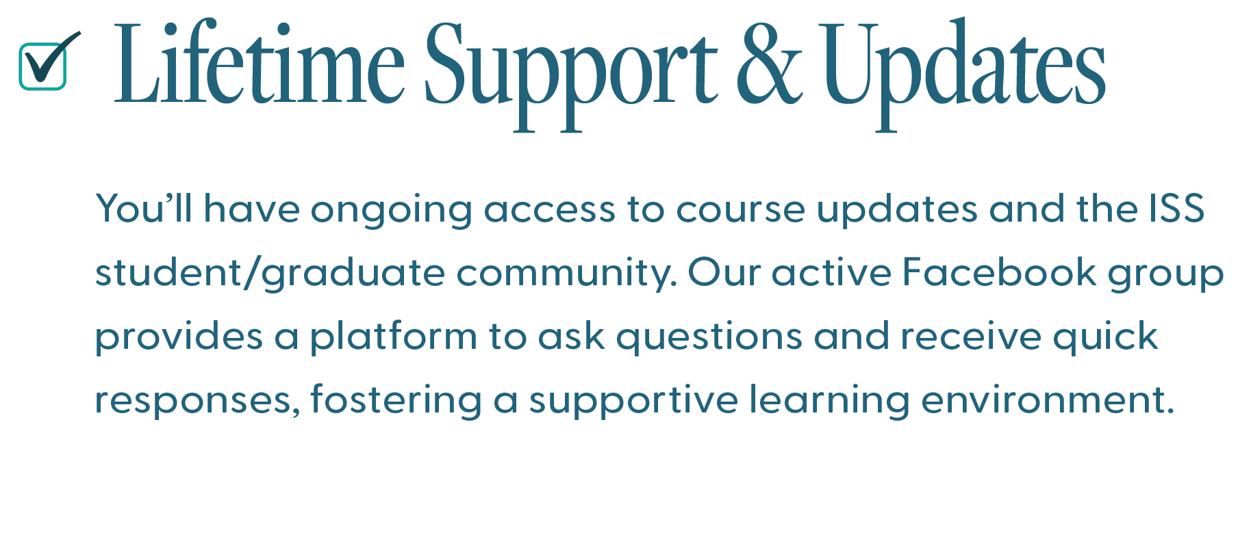 lifetime updates ScopeSchool Text reads: "Lifetime Support & Updates. Ongoing access to course updates, student community, and a Facebook group for questions and support.