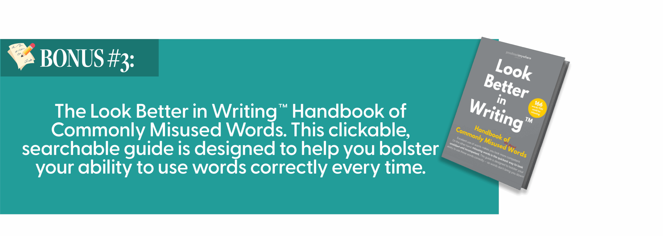 Asset 161@3x ScopeSchool A promotional banner for “The Look Better in Writing Handbook of Commonly Misused Words,” highlighting it as a bonus resource to improve word usage.