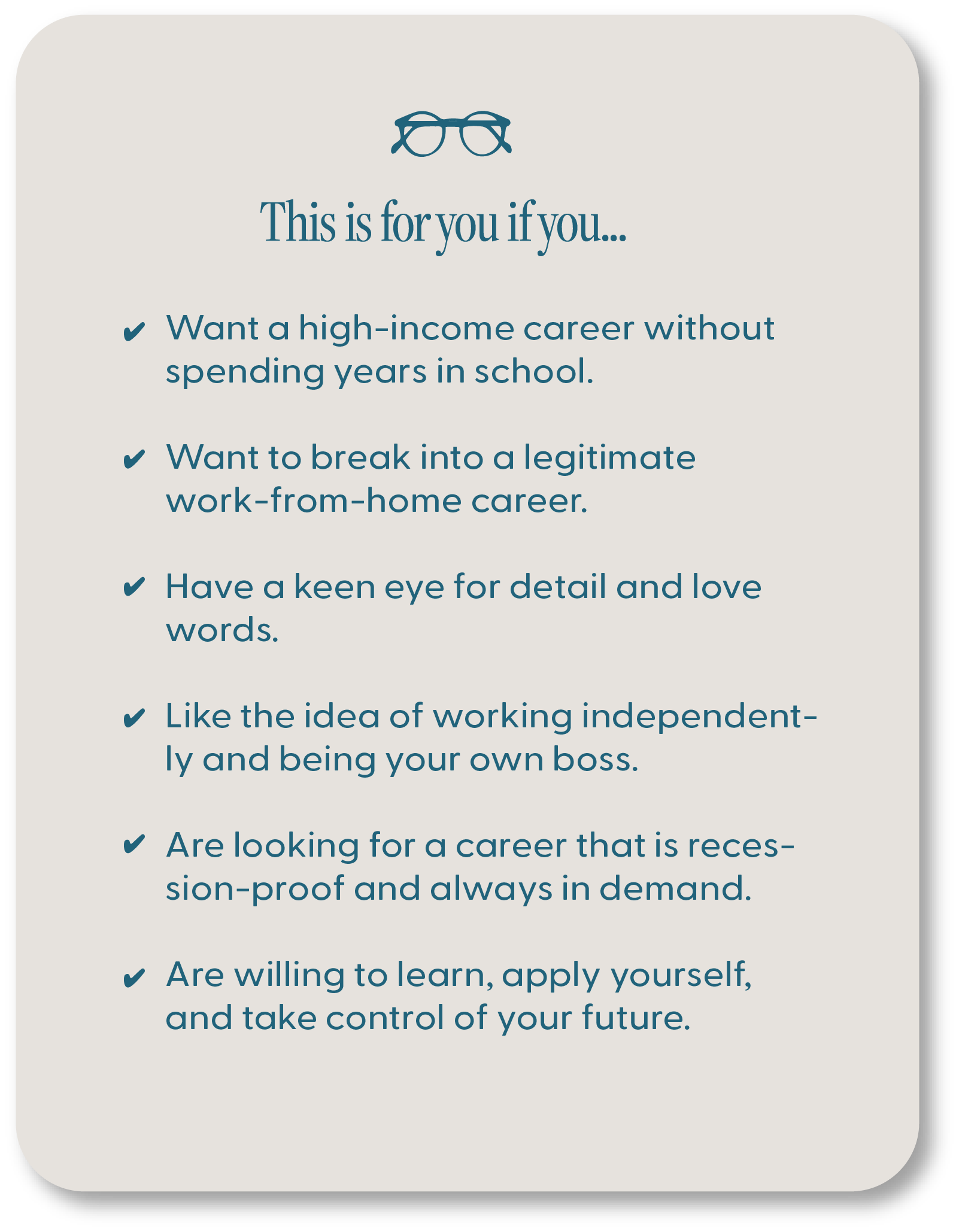 Asset 177@3x ScopeSchool A checklist outlines traits for those interested in a high-income, work-from-home career, emphasizing independence, learning, and job security.