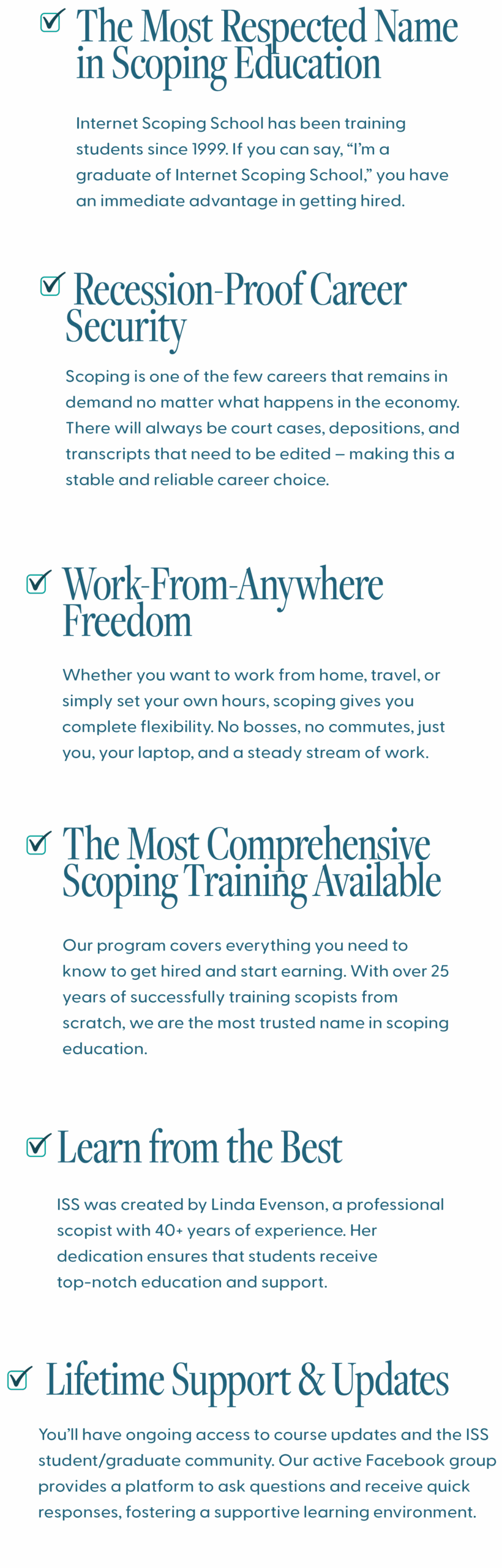Asset 191@3x ScopeSchool A list highlighting the benefits of Internet Scoping School, including respected education, job security, remote work, comprehensive training, expert instruction, and ongoing support.