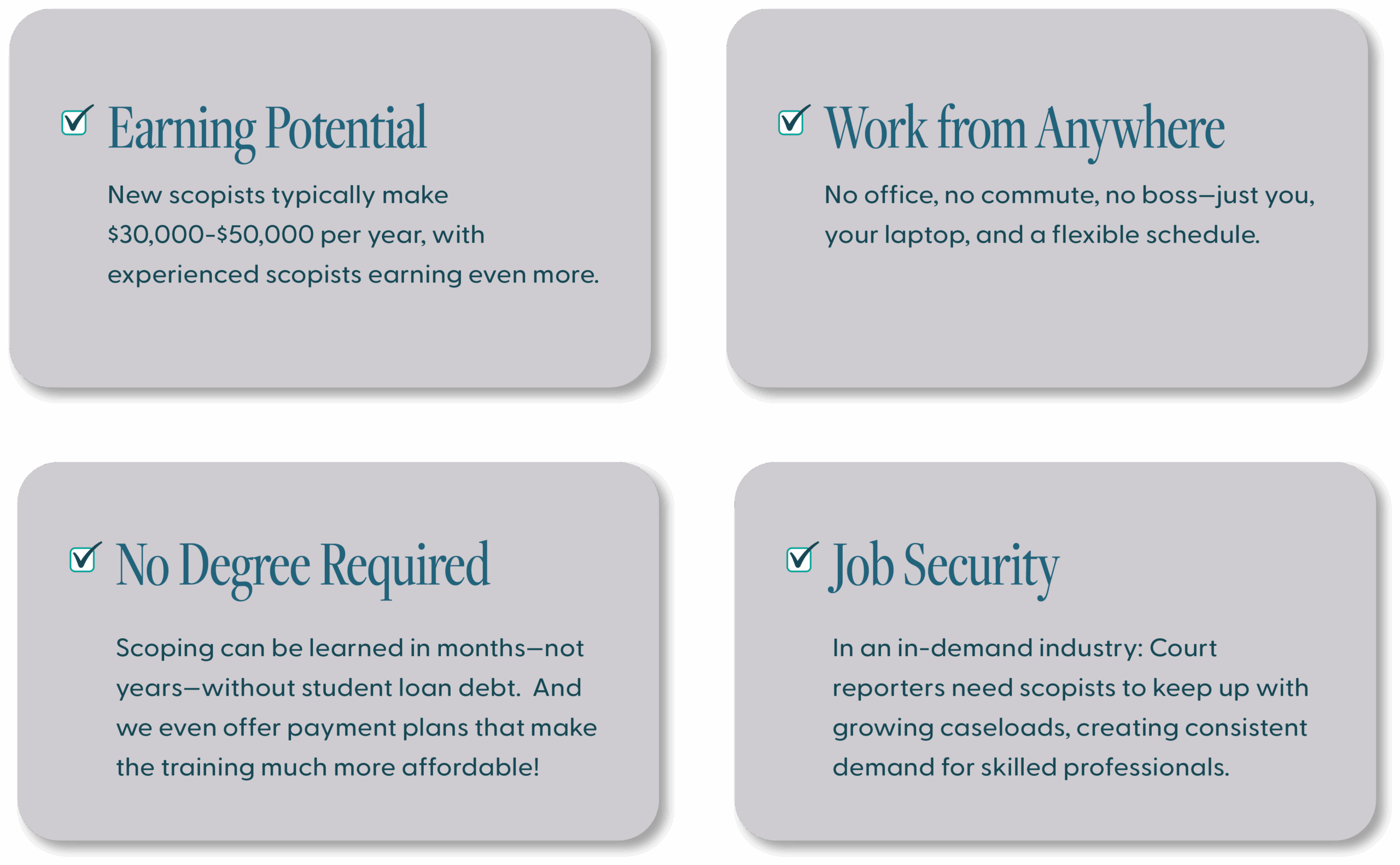 what's possible ScopeSchool Four text boxes highlight benefits of scopist work: high earning potential, remote flexibility, no degree required, and strong job security in an in-demand field.