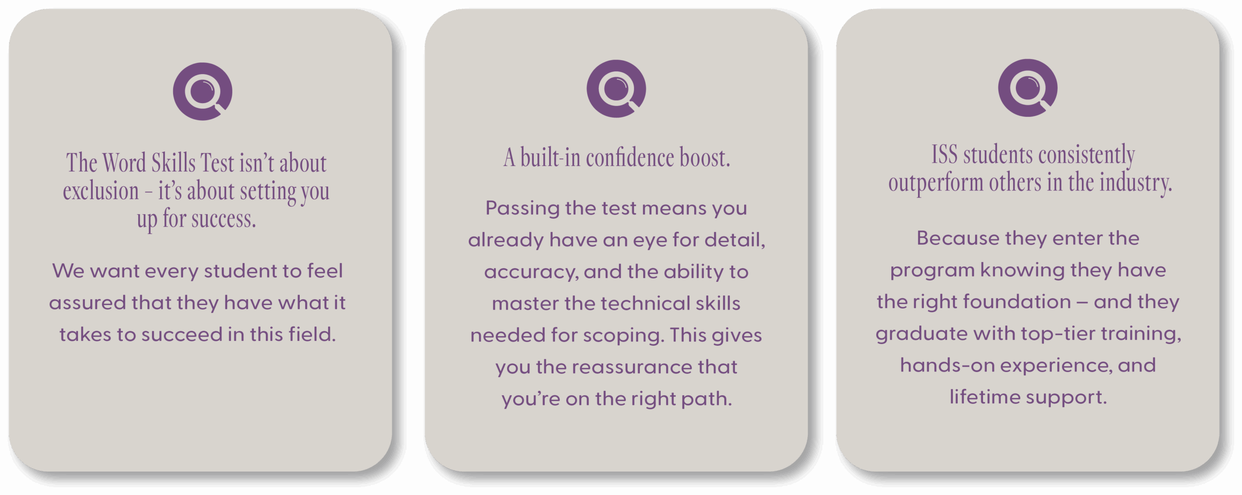 reasons ScopeSchool Three informational cards explain the benefits of the World Skills Test, highlighting student reassurance, confidence boost, and industry-leading graduate outcomes.