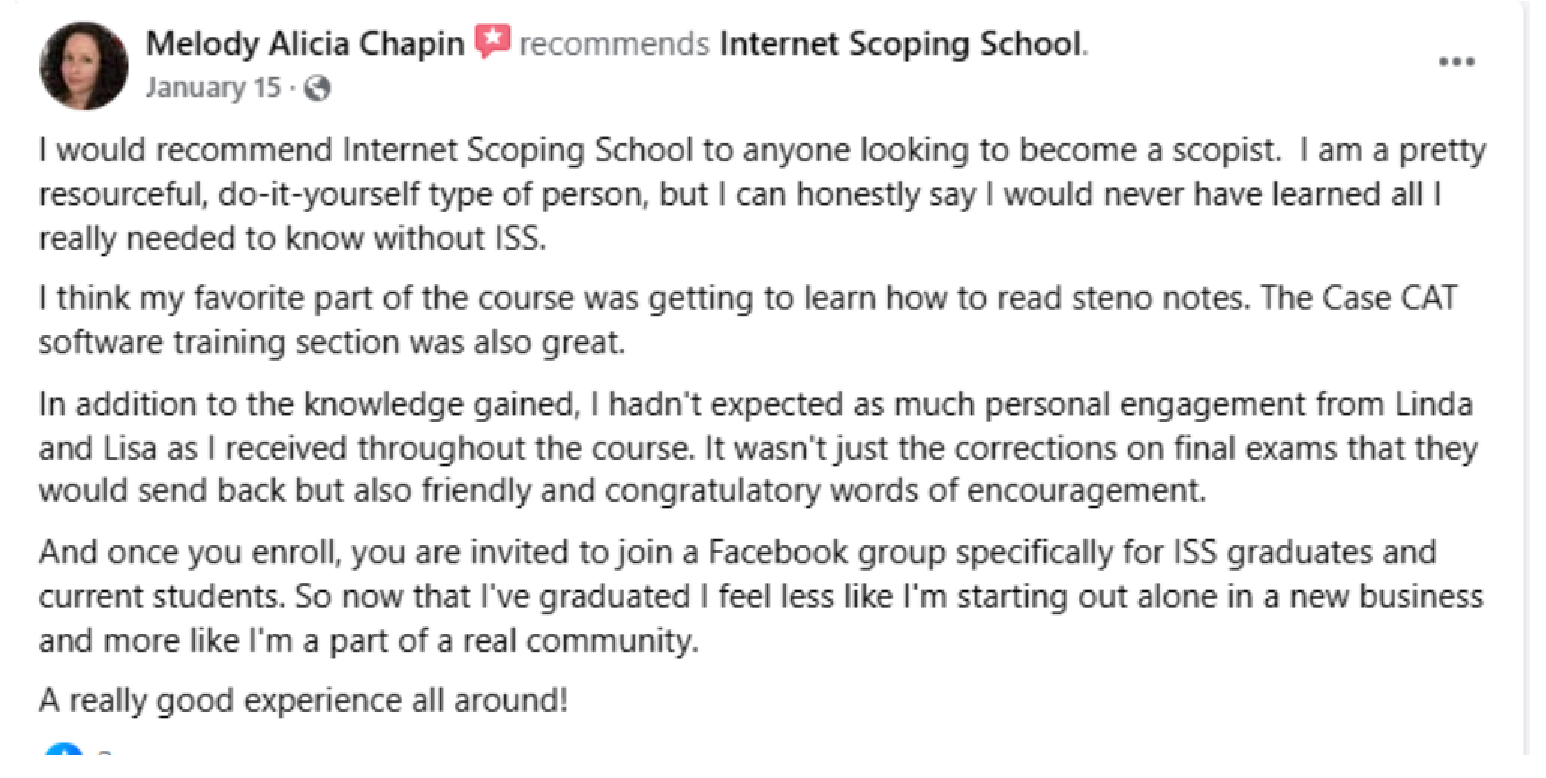 Asset 36@3x ScopeSchool A Facebook post recommending Internet Scoping School, describing the positive learning experience, personal engagement, and supportive community for students and graduates.