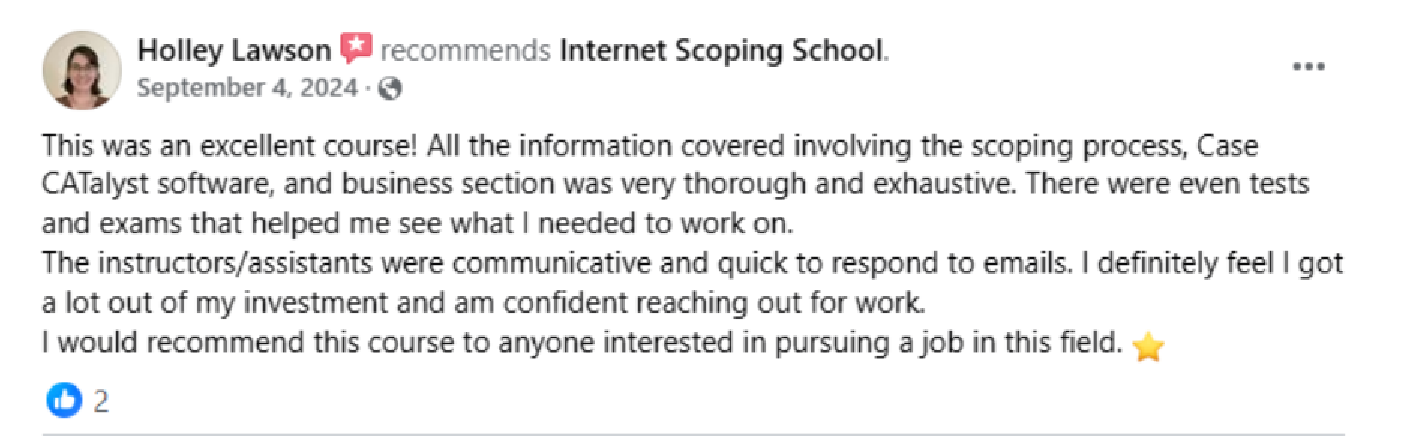 Asset 37@3x ScopeSchool Facebook post recommending Internet Scoping School, praising the course content, exams, responsive instructors, and recommending it for those seeking work in the field.
