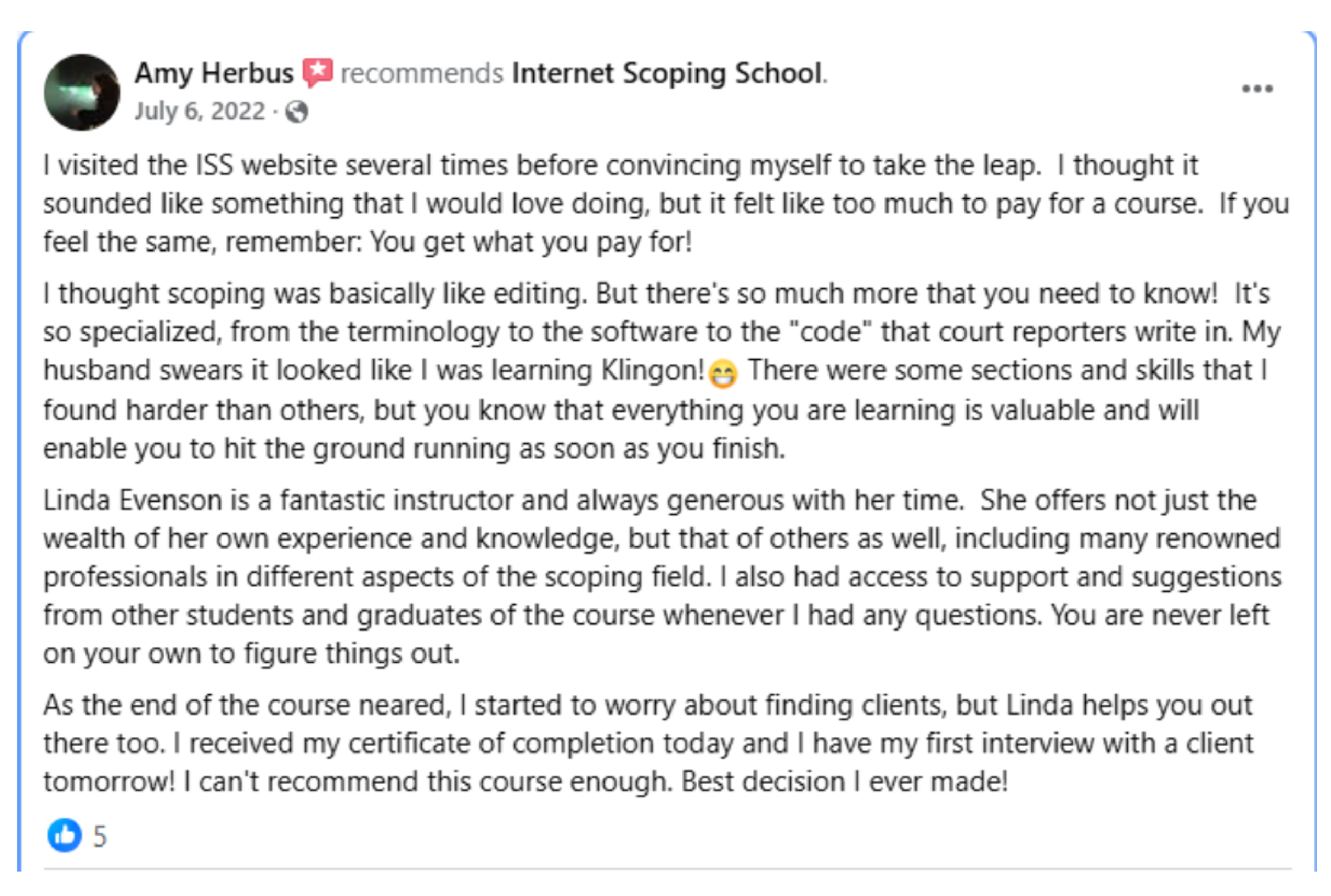 Asset 42@3x ScopeSchool Screenshot of a Facebook recommendation post by Amy Herbus, praising the Internet Scoping School course, detailing its difficulty, value, and her positive experience with the instructor.