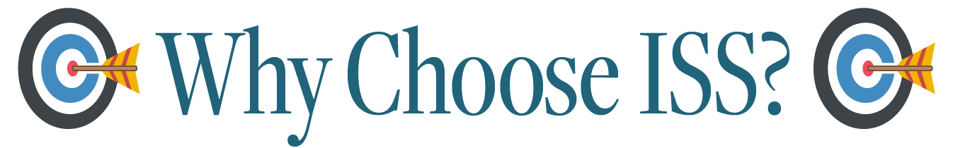Asset 57@3x ScopeSchool Text "Why Choose ISS?" in blue serif font, flanked by two bullseye targets each with an arrow hitting the center.