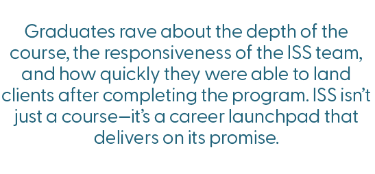 ScopeSchool Text reads: "Graduates praise the ISS course for its depth, responsive team, and quick client results, calling it a career launchpad that delivers on its promise.