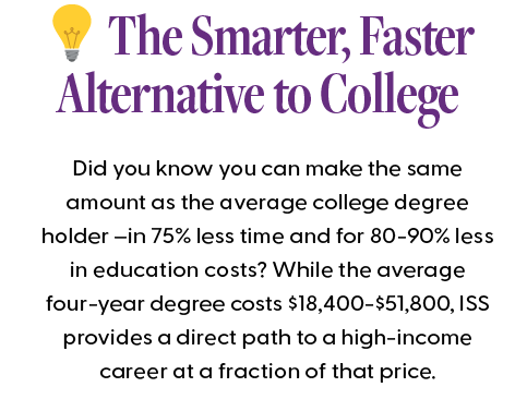 ScopeSchool Text graphic promoting ISS as a cost- and time-effective alternative to college, highlighting lower education costs and faster entry to a high-income career.