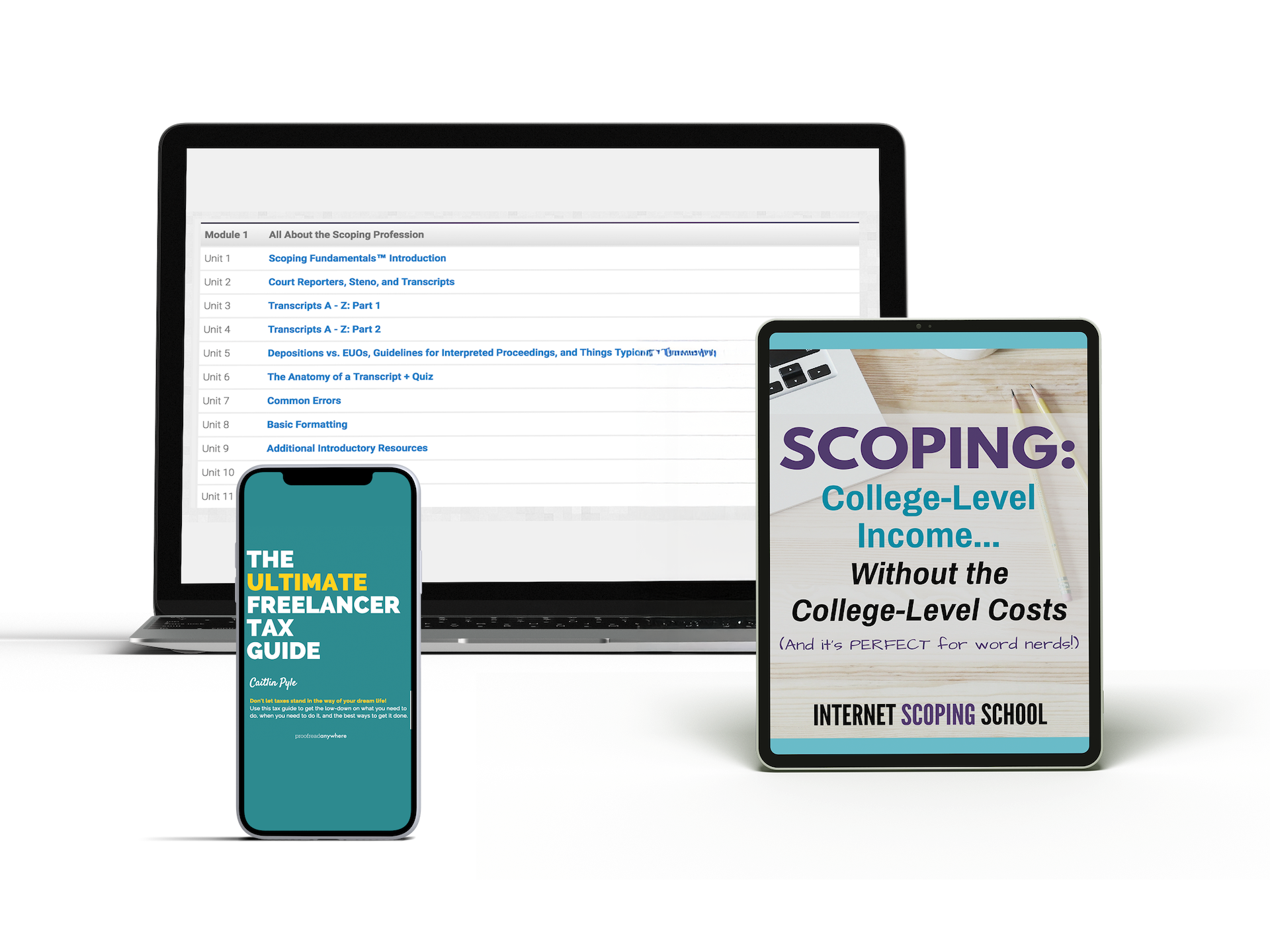 ISS mockup 02 ScopeSchool A laptop, tablet, and smartphone display online educational resources and guides related to transcription, freelancing, and scoping.