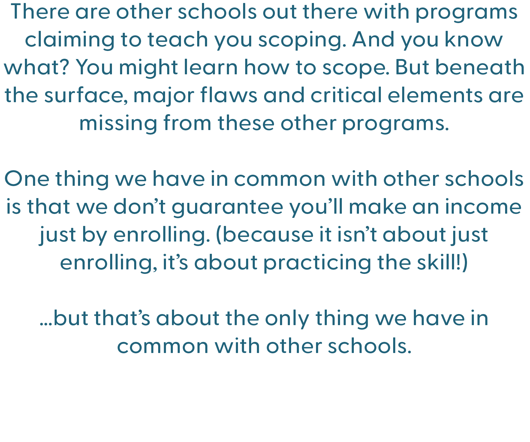 ScopeSchool Text highlights differences between a program and other schools, noting that most lack depth and only share the policy of not guaranteeing income.