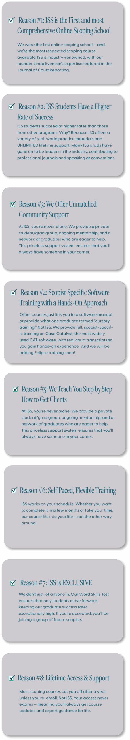 ScopeSchool A list of eight reasons highlighting the benefits of the ISS online scoping school, including success rates, community, software, training, exclusivity, and lifetime support.